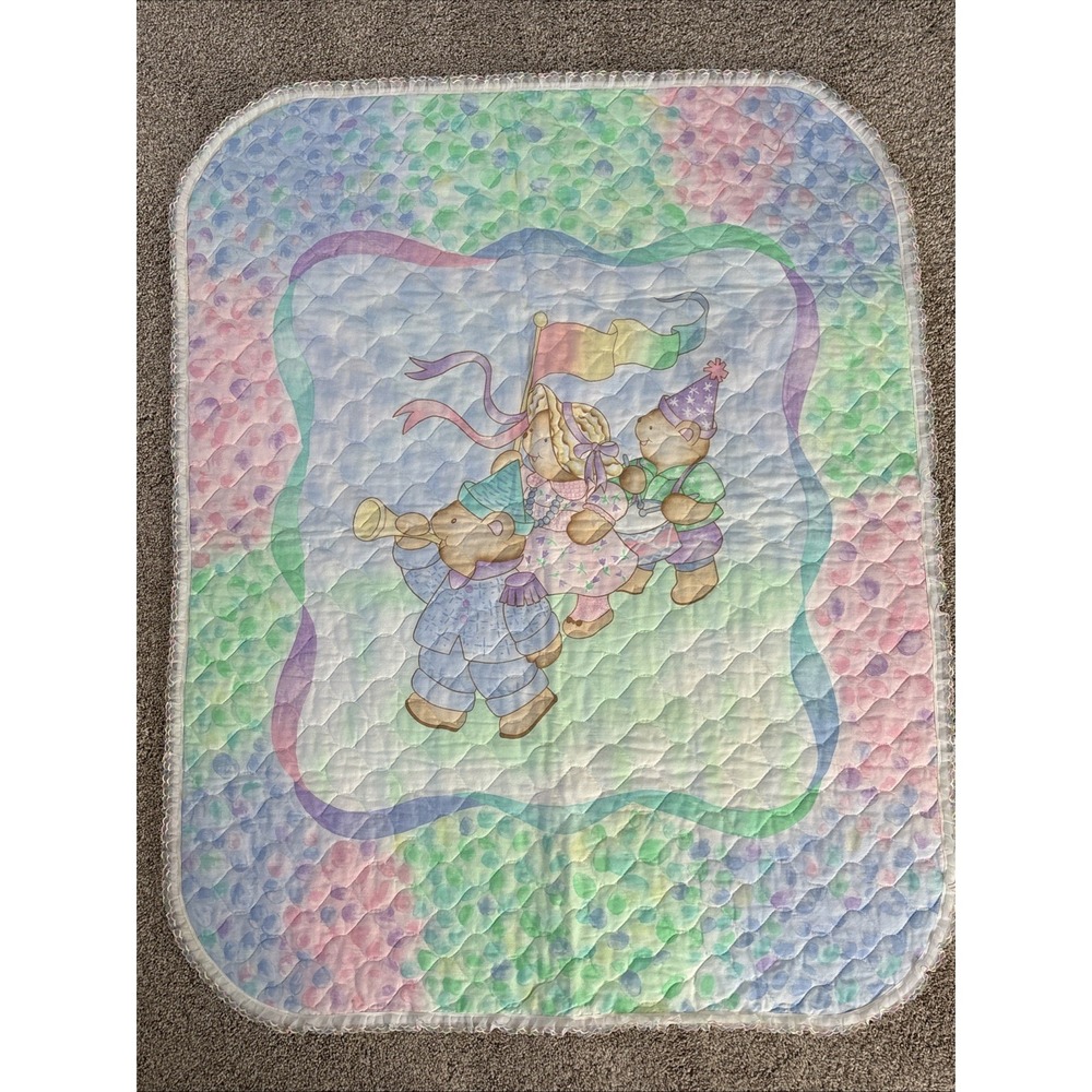 Vtg Handmade Reversible Baby Quilt Blanket Marching Teddy Bear‎ Parade Pastel